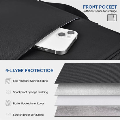 Black laptop bag with a front pocket containing a white phone, showing 4-layer protection features.