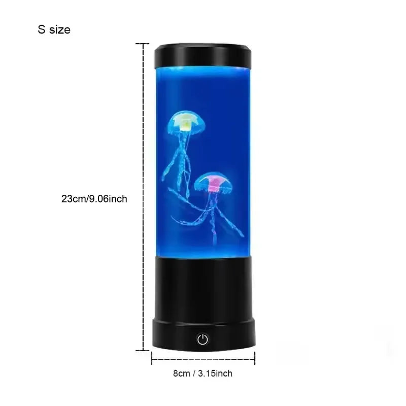 Jellyfish-themed LED lamp with dimensions on a white background