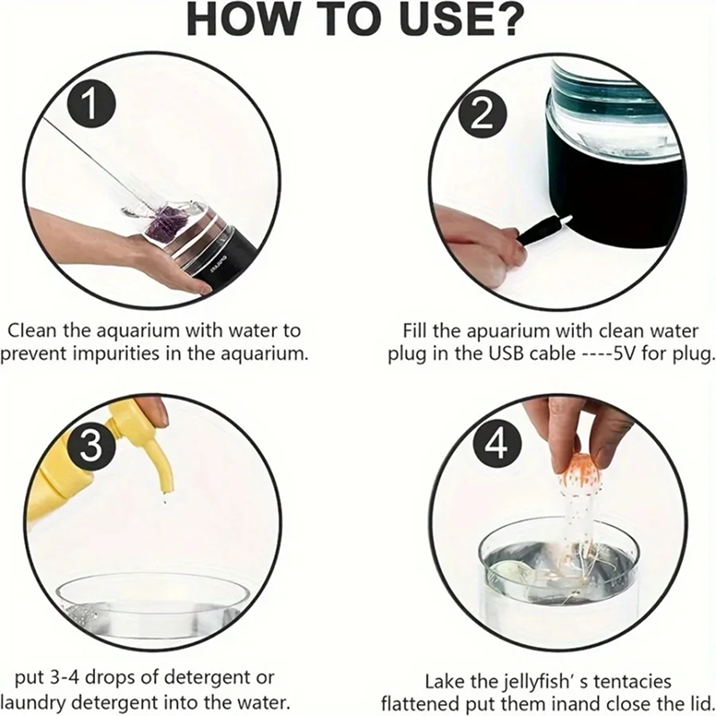 Instructions on how to use a device for aquarium jellyfish care with step-by-step illustrations.