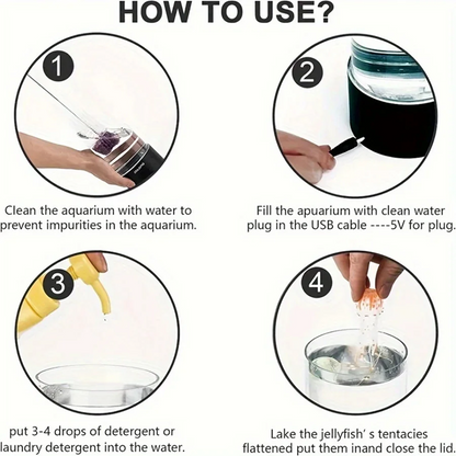 Instructions on how to use a device for aquarium jellyfish care with step-by-step illustrations.