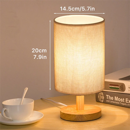 Linen LED Bedside Lamp – USB Night Light with Wooden Base and Patterned Cylinder Shade for Home Decor