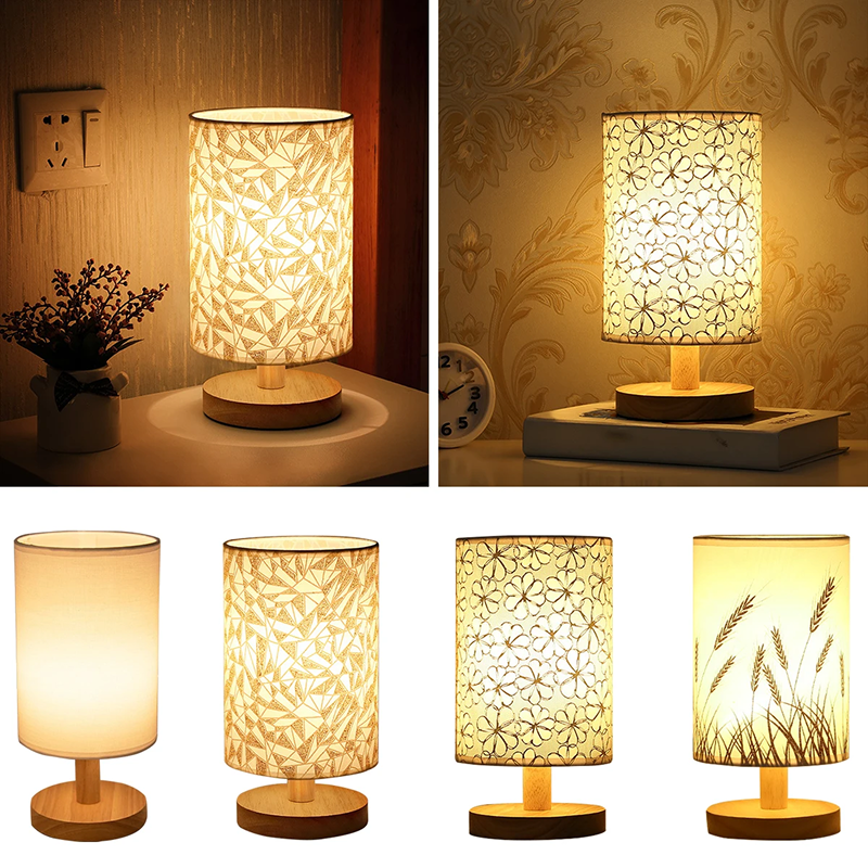 Linen LED Bedside Lamp – USB Night Light with Wooden Base and Patterned Cylinder Shade for Home Decor