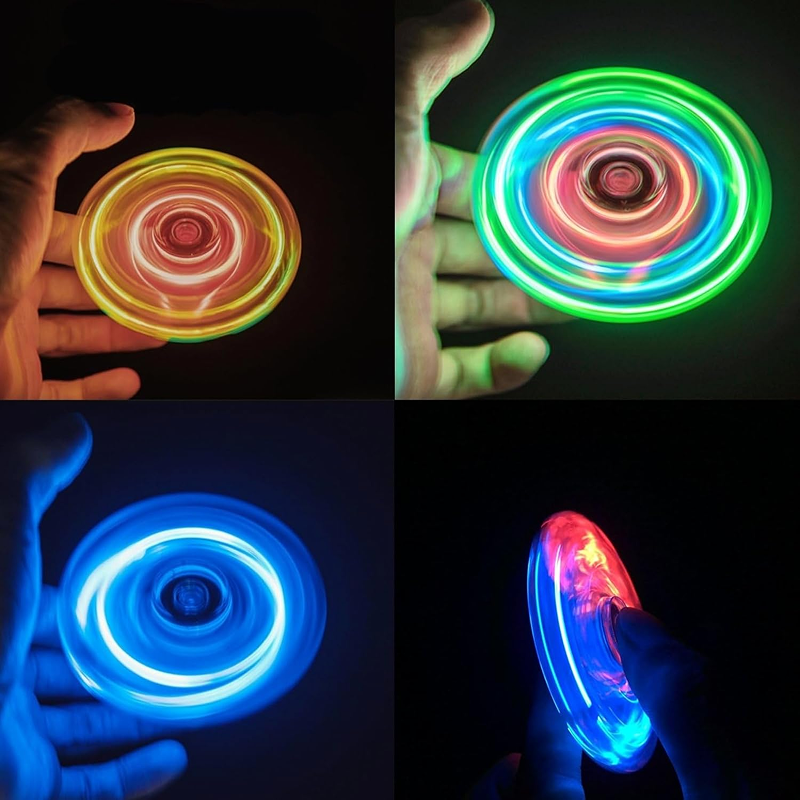 Four different views of a colorful glowing spinner held in hands against a dark background.