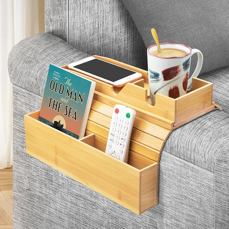 Multifunctional Bamboo Sofa Arm Tray – Foldable Couch Cup Holder with Side Storage Pockets for Books, Drinks & Remotes, Home Decor Organizer