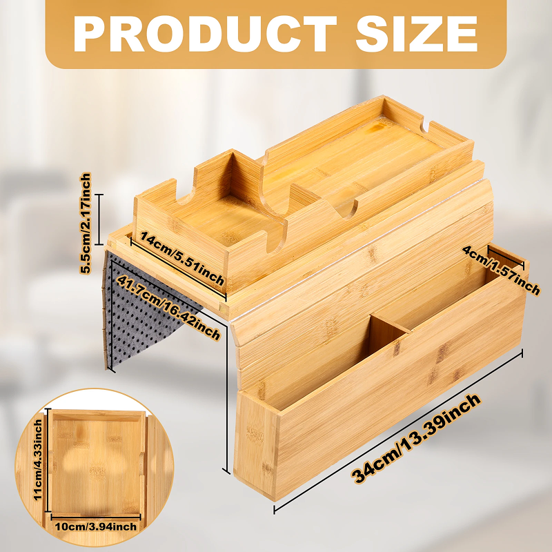 Multifunctional Bamboo Sofa Arm Tray – Foldable Couch Cup Holder with Side Storage Pockets for Books, Drinks & Remotes, Home Decor Organizer