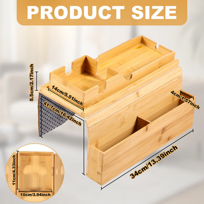 Multifunctional Bamboo Sofa Arm Tray – Foldable Couch Cup Holder with Side Storage Pockets for Books, Drinks & Remotes, Home Decor Organizer