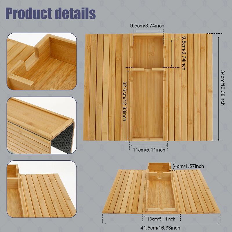 Multifunctional Bamboo Sofa Arm Tray – Foldable Couch Cup Holder with Side Storage Pockets for Books, Drinks & Remotes, Home Decor Organizer