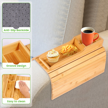Multifunctional Bamboo Sofa Arm Tray – Foldable Couch Cup Holder with Side Storage Pockets for Books, Drinks & Remotes, Home Decor Organizer