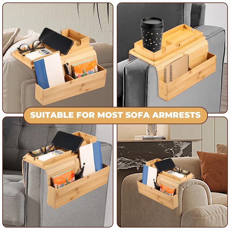 Multifunctional Bamboo Sofa Arm Tray – Foldable Couch Cup Holder with Side Storage Pockets for Books, Drinks & Remotes, Home Decor Organizer