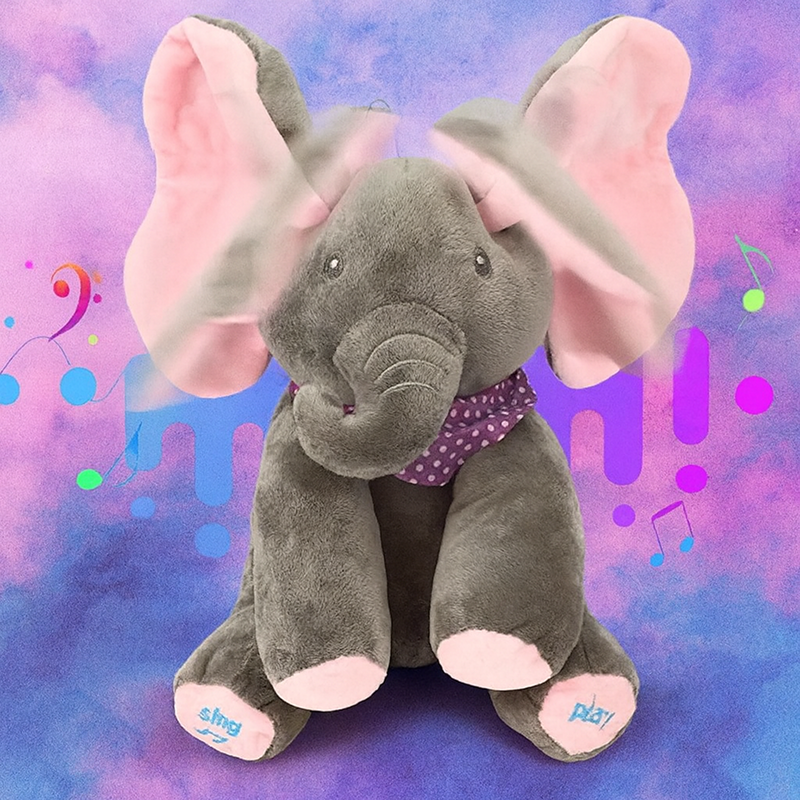 Plush elephant toy with pink ears and feet on a colorful background