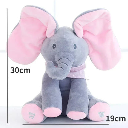 Plush elephant toy with pink ears and feet, showing dimensions on a white background
