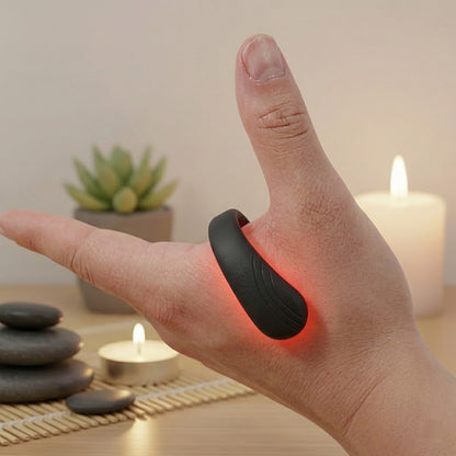 Hand wearing a black magentic finger joint massager with red light on a blurred background of candles and stones