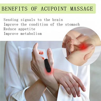 Acupoint massage device on a hand with text about benefits of acupoint massage.