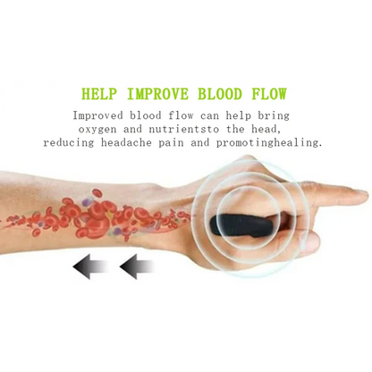 Hand holding a magnetic finger joint massager with text about improving blood flow and headache pain relief.