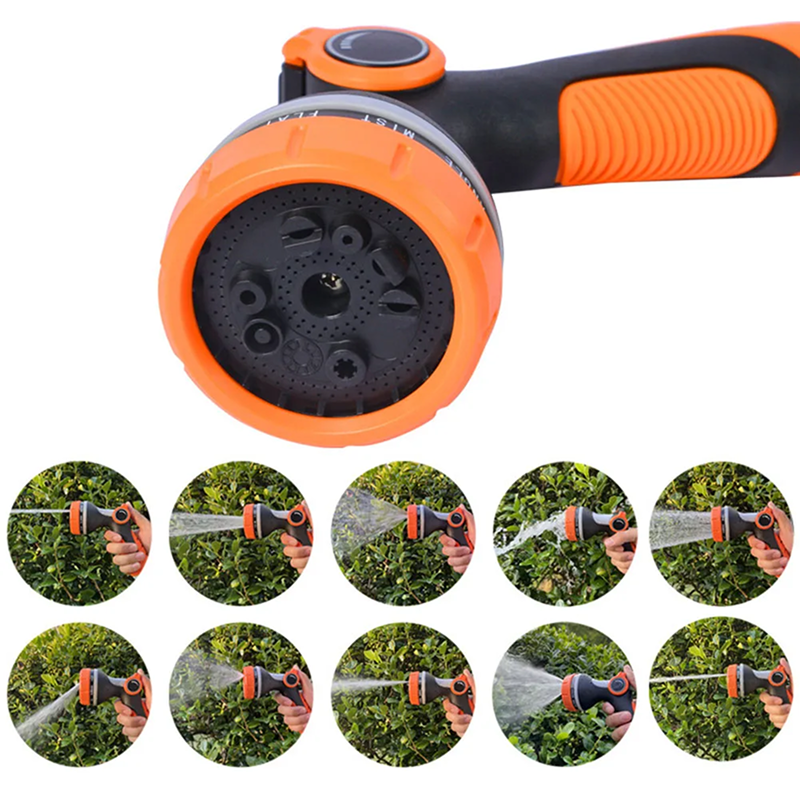 Garden hose nozzle with multiple usage scenarios on a white background