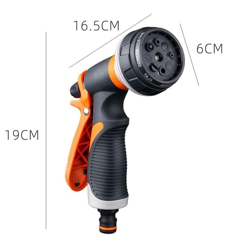Garden hose nozzle with measurements on a white background