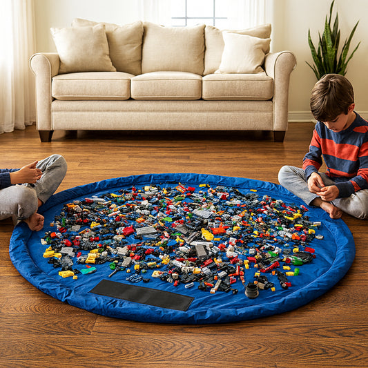 Children playing with toys on a large blue mat in a living room.