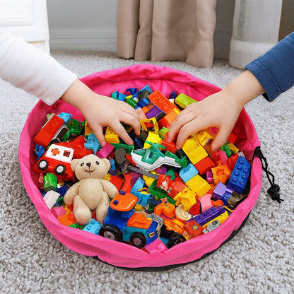 Children playing with colorful building blocks in a pink storage bin on a carpeted floor.