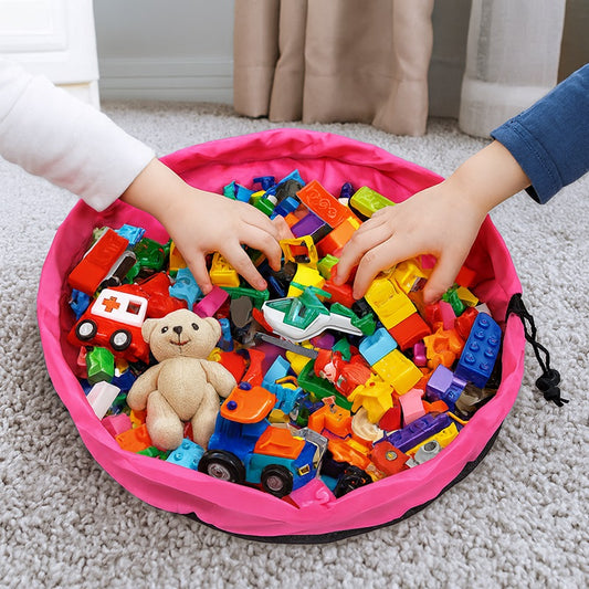 Children playing with colorful building blocks in a pink storage bin on a carpeted floor.