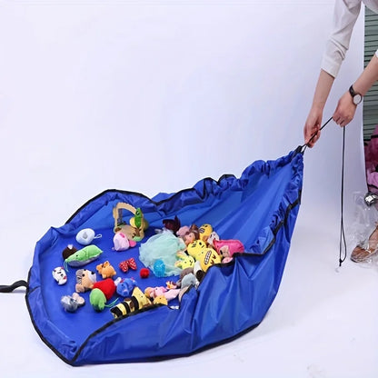 Blue toy organizer with various toys on a white background