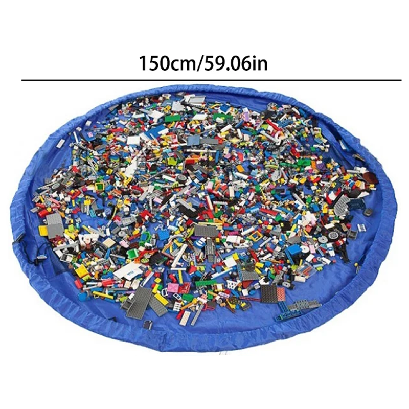 Blue toy storage mat filled with colorful building blocks, showing measurement text.