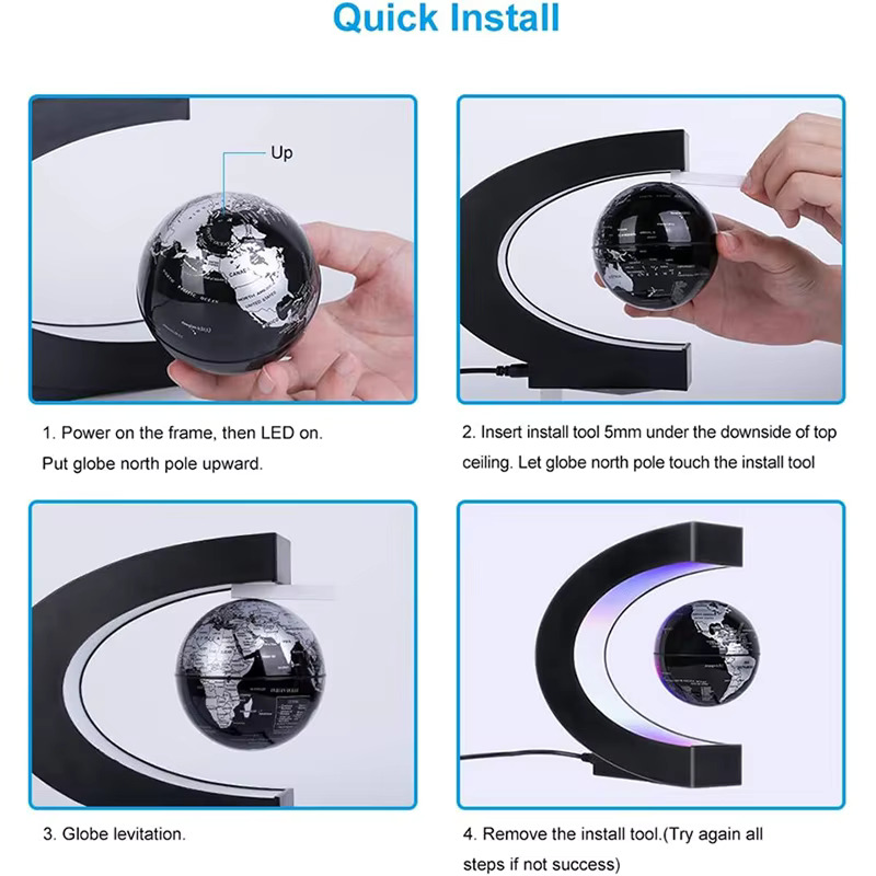 Step-by-step installation guide for a floating globe light fixture.