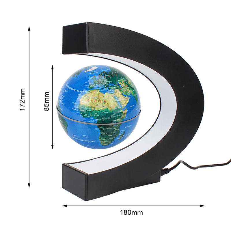 Globe with black curved stand and measurements on a white background
