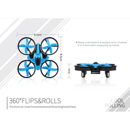 Blue and black drone with measurements and features on a white background
