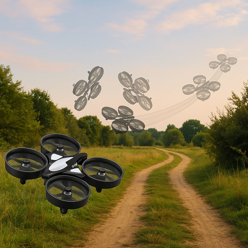 Black drone flying over a dirt path with trees in the background