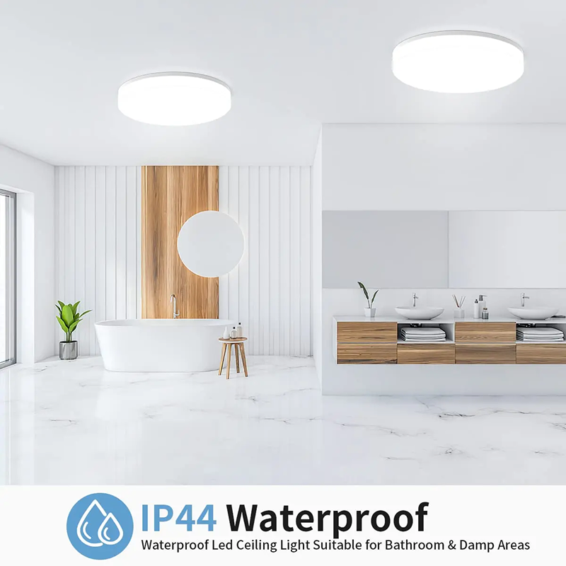 Modern bathroom with waterproof LED ceiling lights, suitable for damp areas.