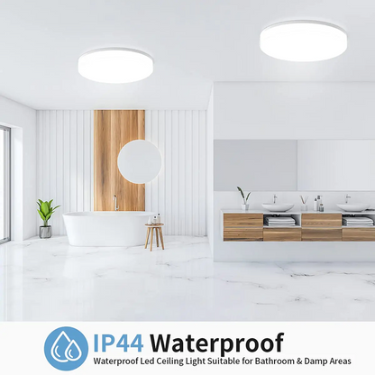 Modern bathroom with waterproof LED ceiling lights, suitable for damp areas.
