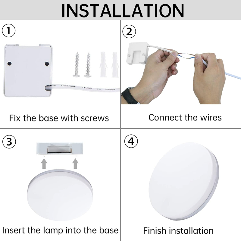 Step-by-step installation guide for a ceiling light fixture with text labels.