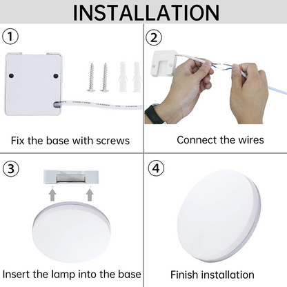 Step-by-step installation guide for a ceiling light fixture with text labels.