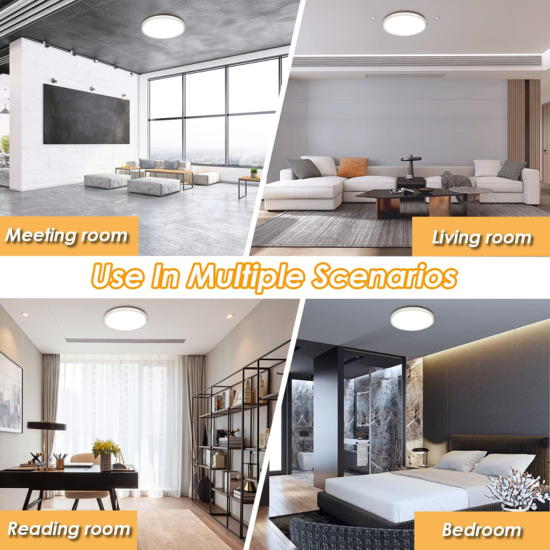 Collage of different rooms with lighting fixtures labeled as meeting room, living room, reading room, and bedroom.