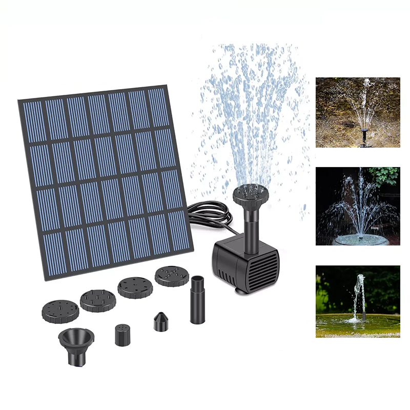 Solar panel and water pump with accessories on a white background