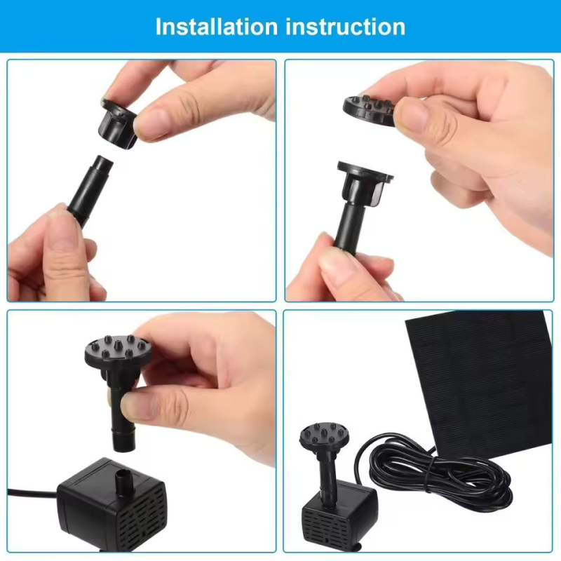 Step-by-step installation instructions for a black pump with connectors and cable.