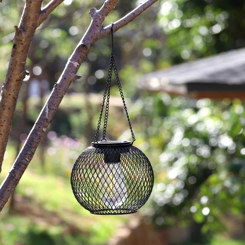 Hanging solar light fixture on a tree branch with a blurred garden background