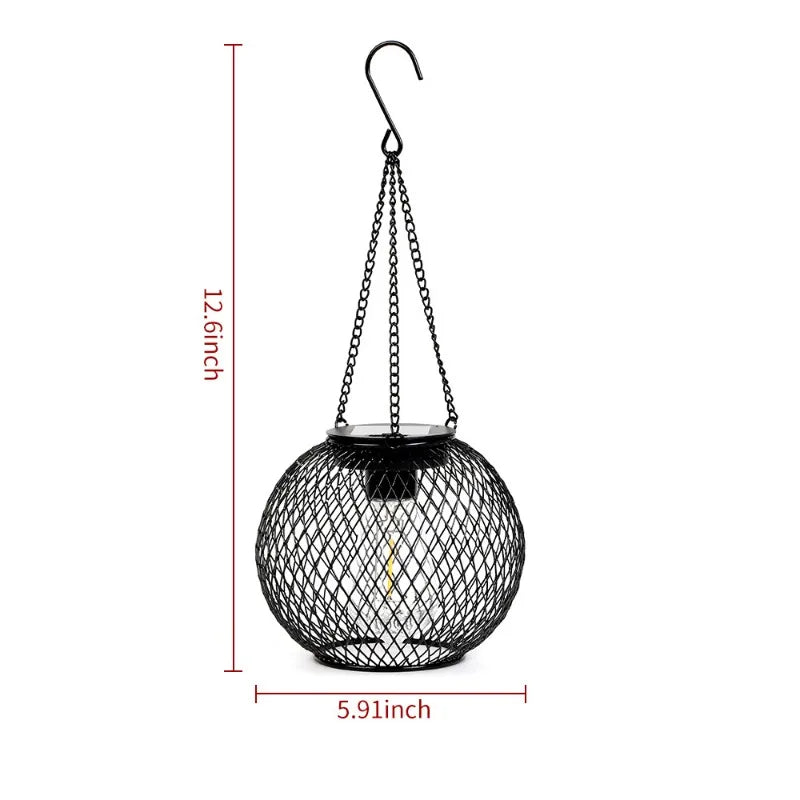 Black mesh hanging lantern with dimensions on a white background
