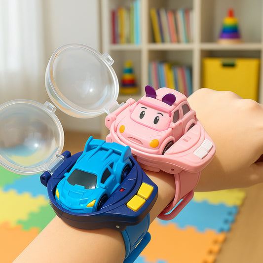 Colorful toy wristbands shaped like cars on a child's wrist with a bookshelf in the background.