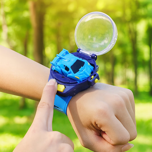 Blue and purple bubble watch on a child's wrist with a forest background