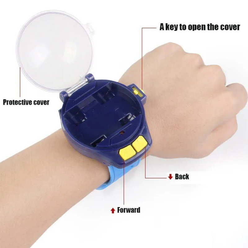 Wrist-mounted device with a protective cover and control buttons, labeled for use.