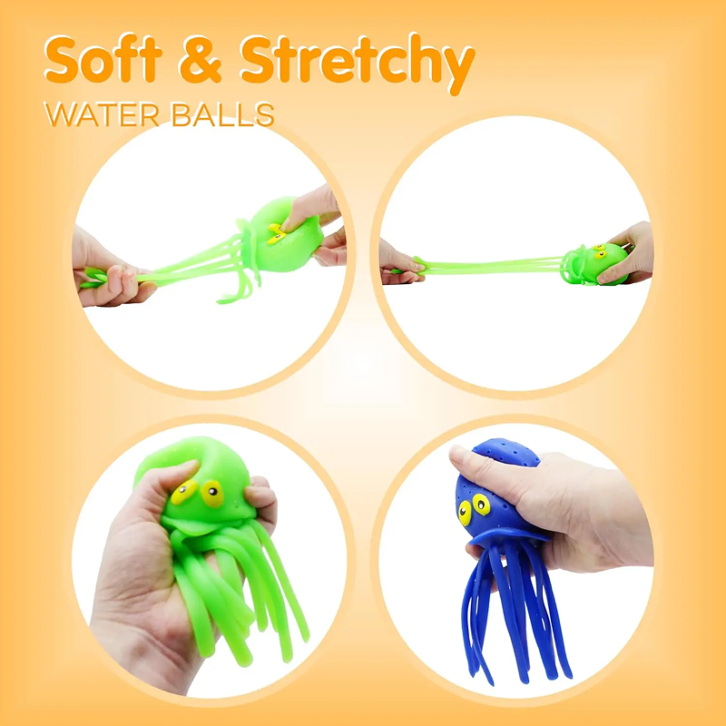 Green and blue squid-shaped water balloons being stretched with text 'Soft & Stretchy Water Balls' on an orange background.