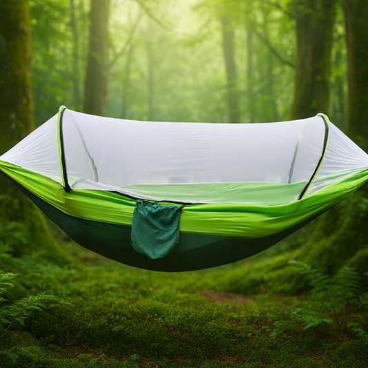 Green and white camping hammock in a forest setting