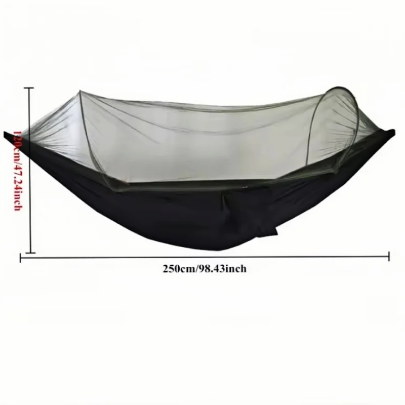 Black and gray hammock with mosquito netting, shown with dimensions on a white background.