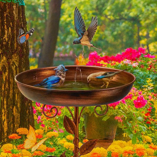 Birds drinking water from a copper-colored birdbath in a garden with flowers and a butterfly.
