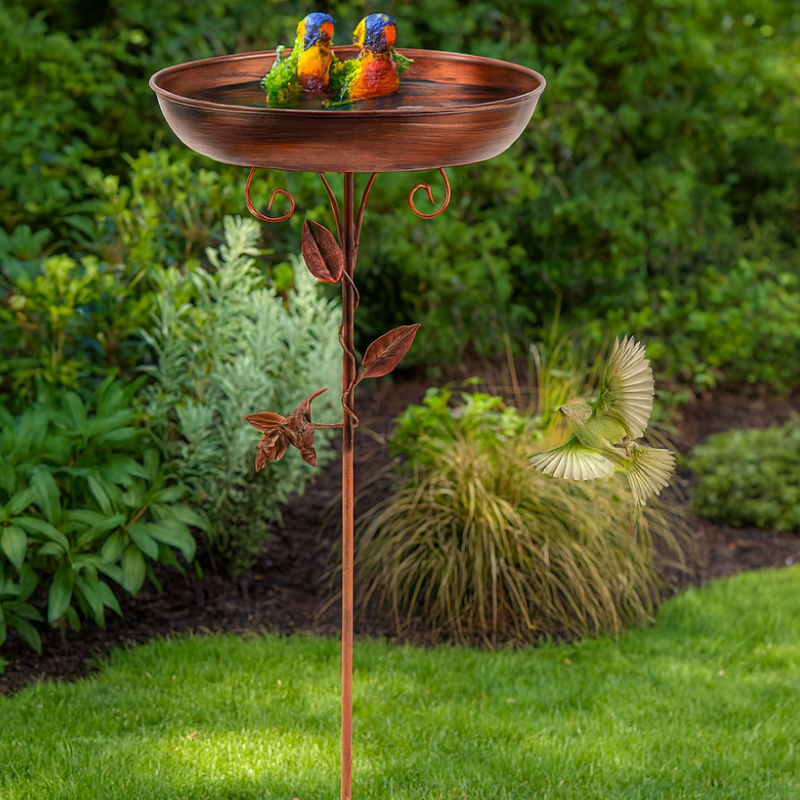 Decorative copper bird bath with birds on a garden background