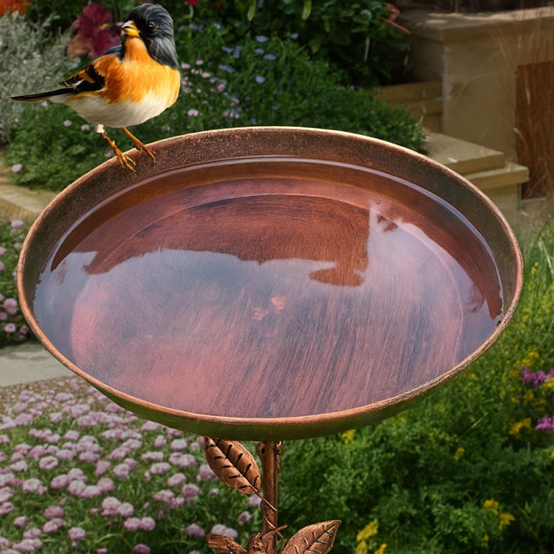 Bird perched on a copper bird bath with a garden background