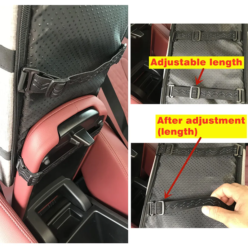 Car seat organizer with adjustable strap shown in use.