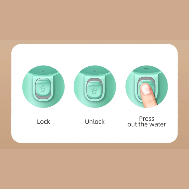 Instructions for using a green water dispenser with 'Lock', 'Unlock', and 'Press out the water' labels.