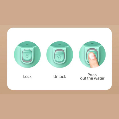 Instructions for using a green water dispenser with 'Lock', 'Unlock', and 'Press out the water' labels.